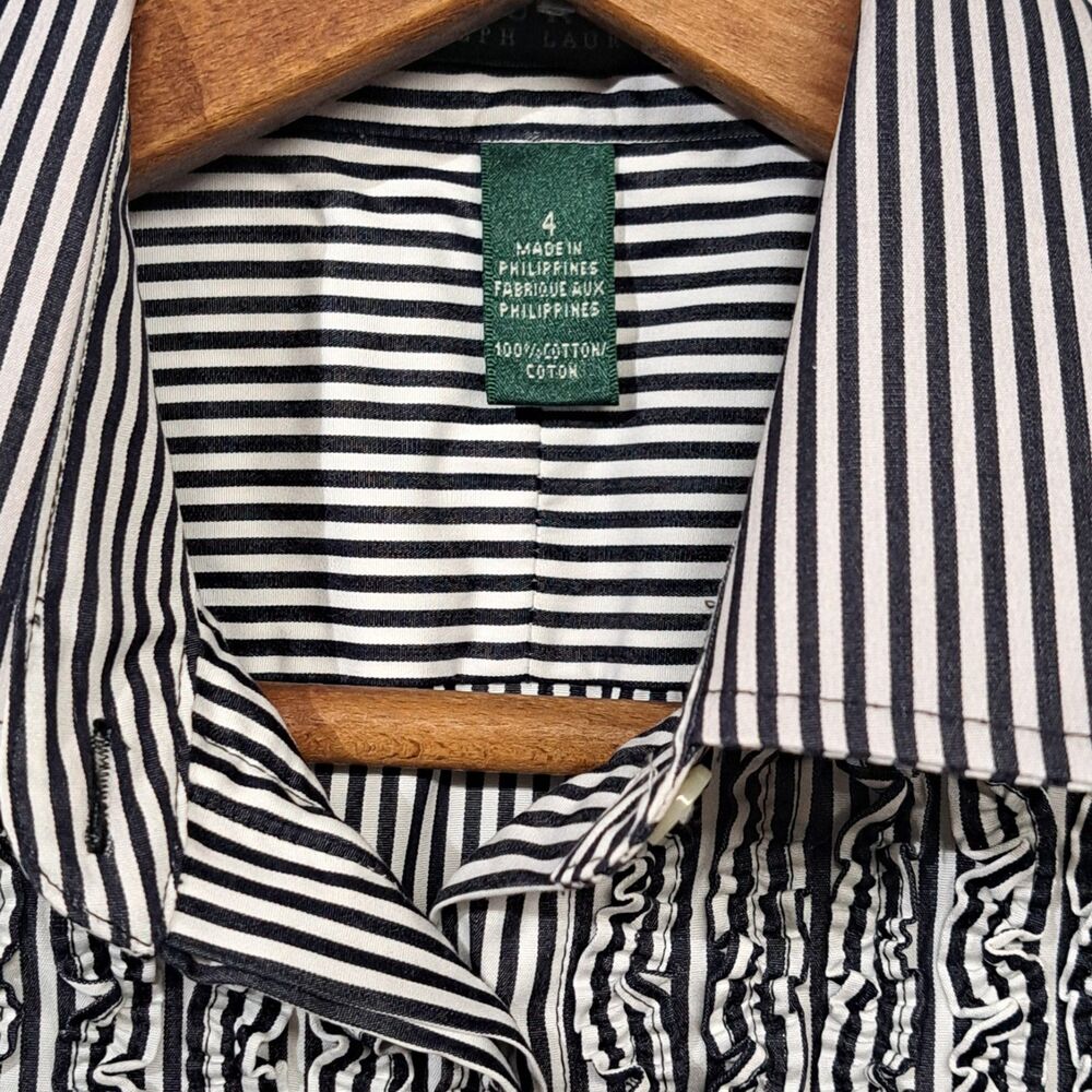 Lauren Ralph Lauren Sleeveless Ruffled Blouse Black White Stripes Size 4 Cotton - Picture 4 of 7